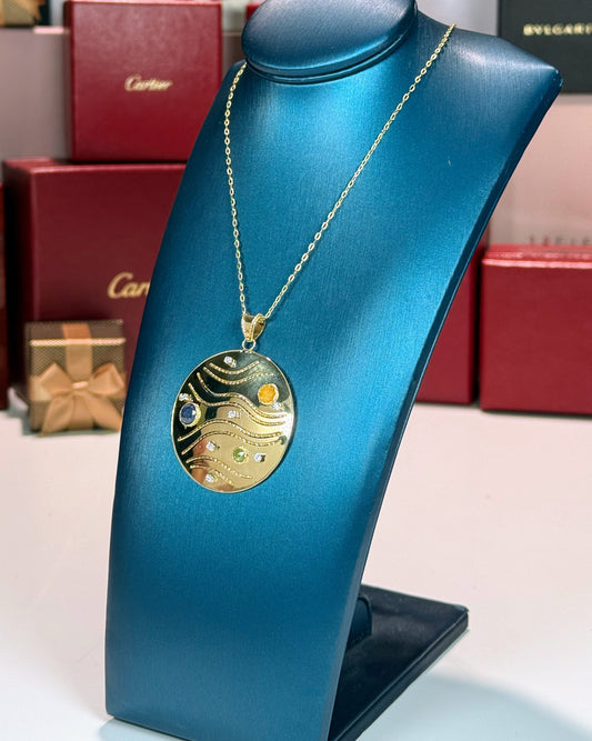 14k Yellow Gold Gemstones Diamond Pendant Necklace