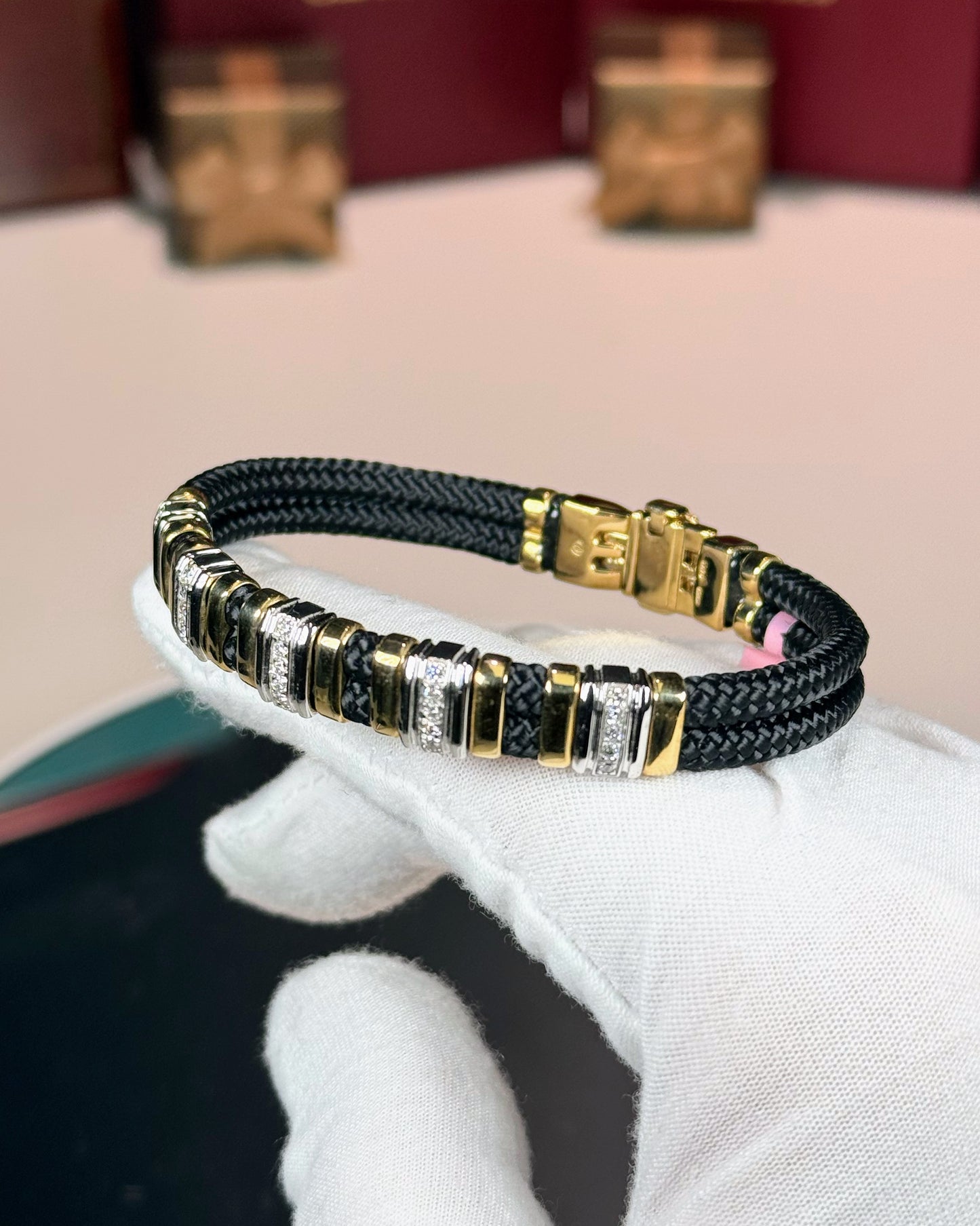 14k Yellow Gold and Diamond Braided Rope Bracelet