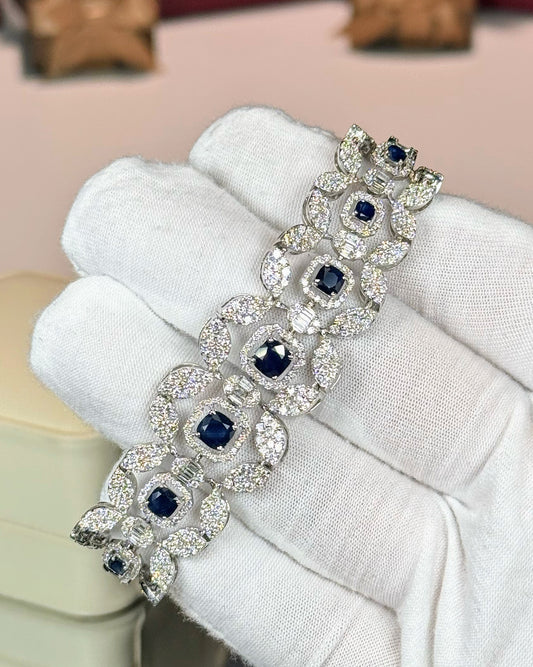 14k White Gold Flower Design Sapphire and Diamond Bracelet