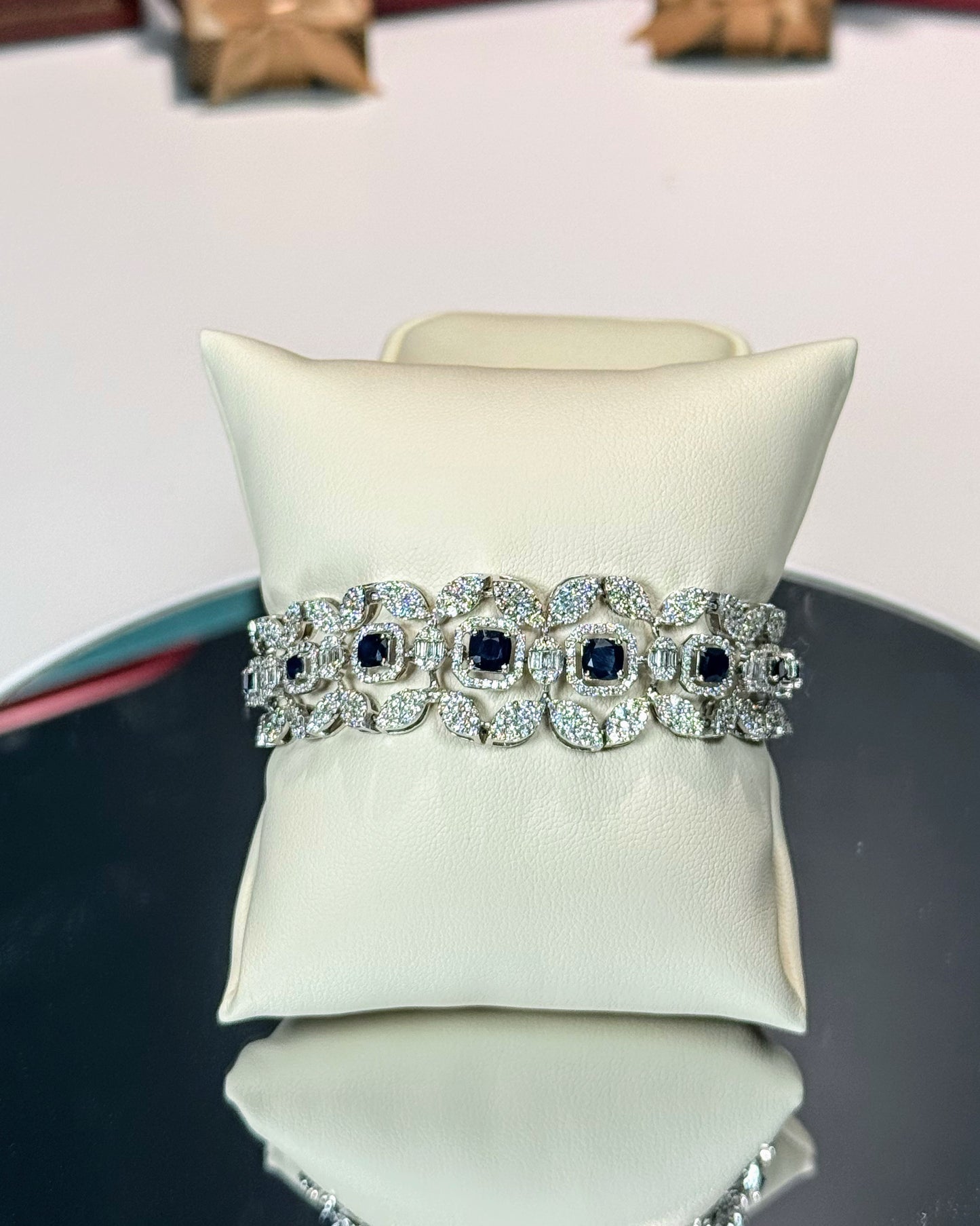 14k White Gold Flower Design Sapphire and Diamond Bracelet