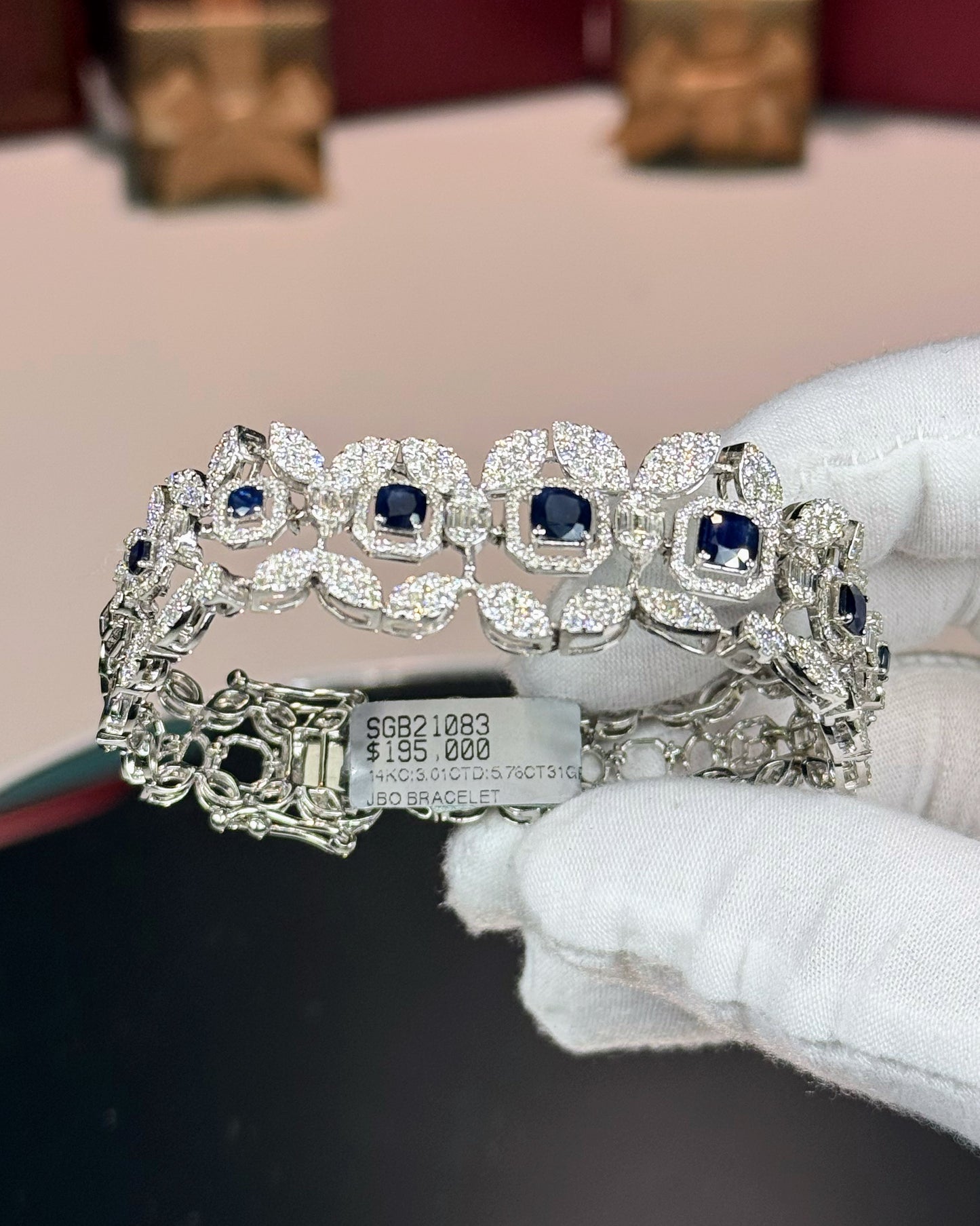14k White Gold Flower Design Sapphire and Diamond Bracelet
