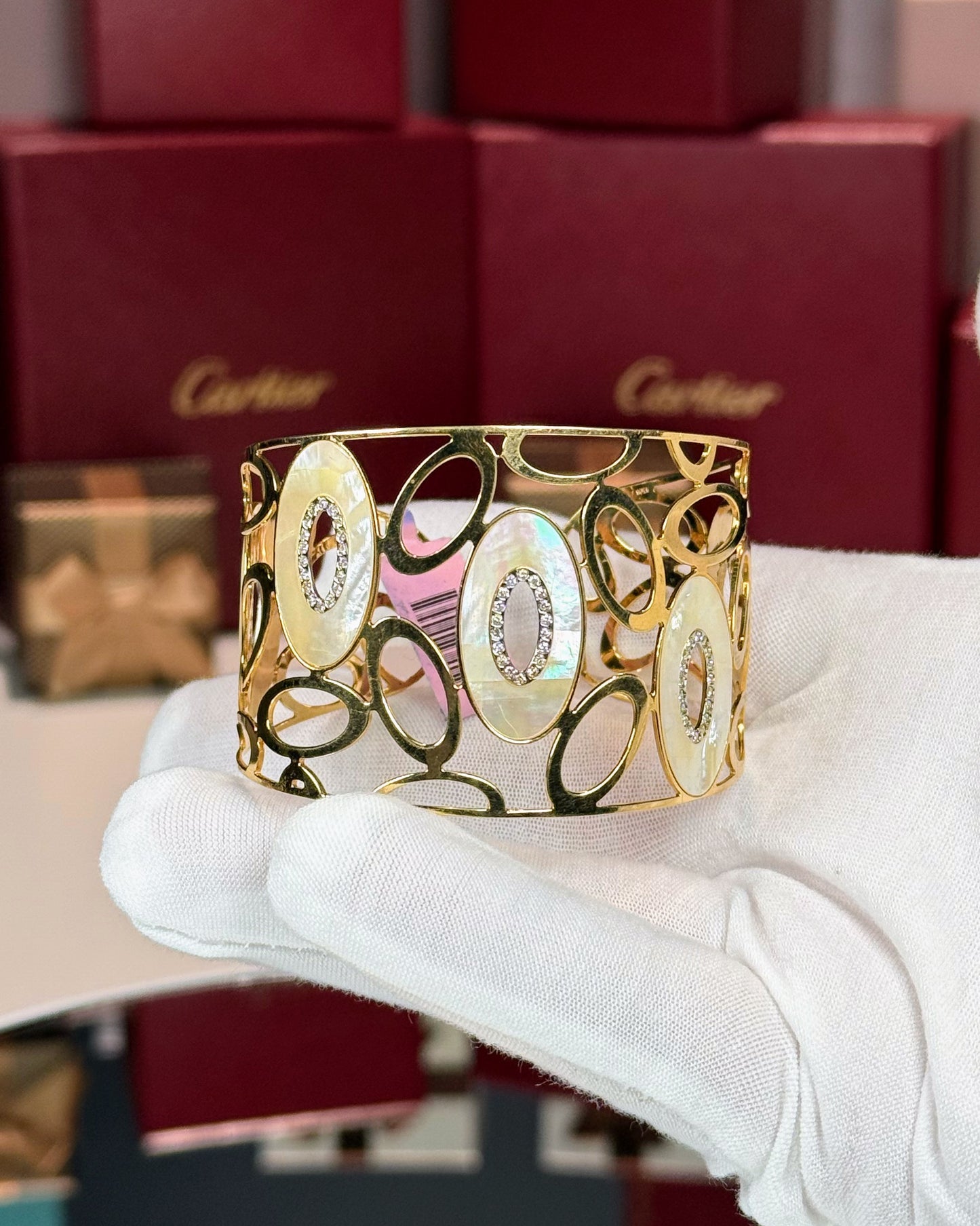 14k Yellow Gold MoP Diamond Open Cuff Bangle