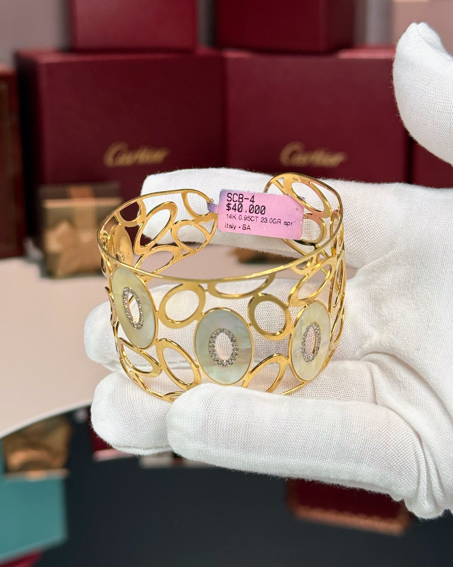 14k Yellow Gold MoP Diamond Open Cuff Bangle