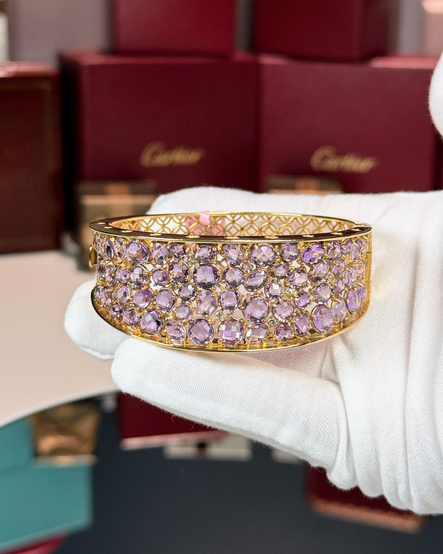 14k Yellow Gold Amethyst and Diamond Bangle