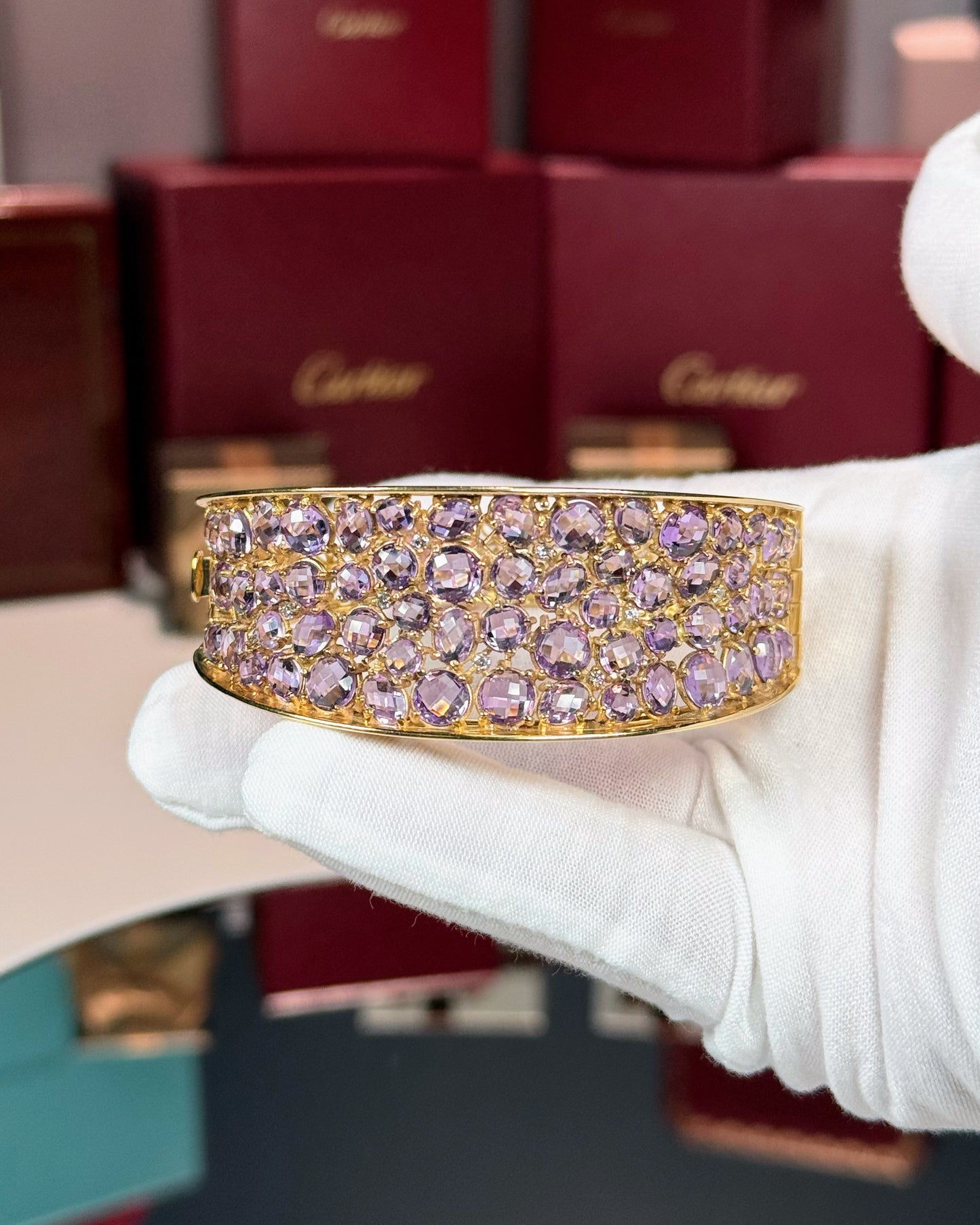 14k Yellow Gold Amethyst and Diamond Bangle