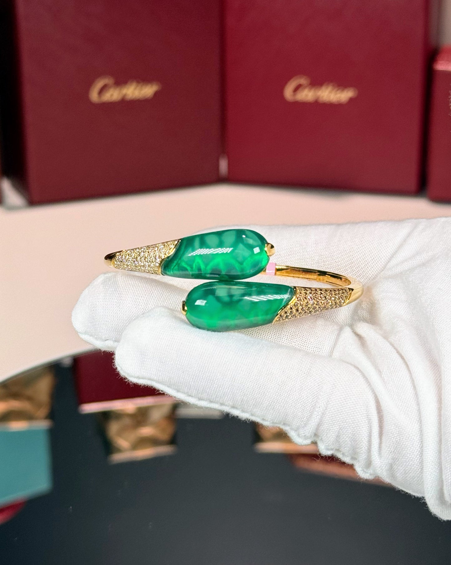 14k Yellow Gold Green Open Bypass Bangle
