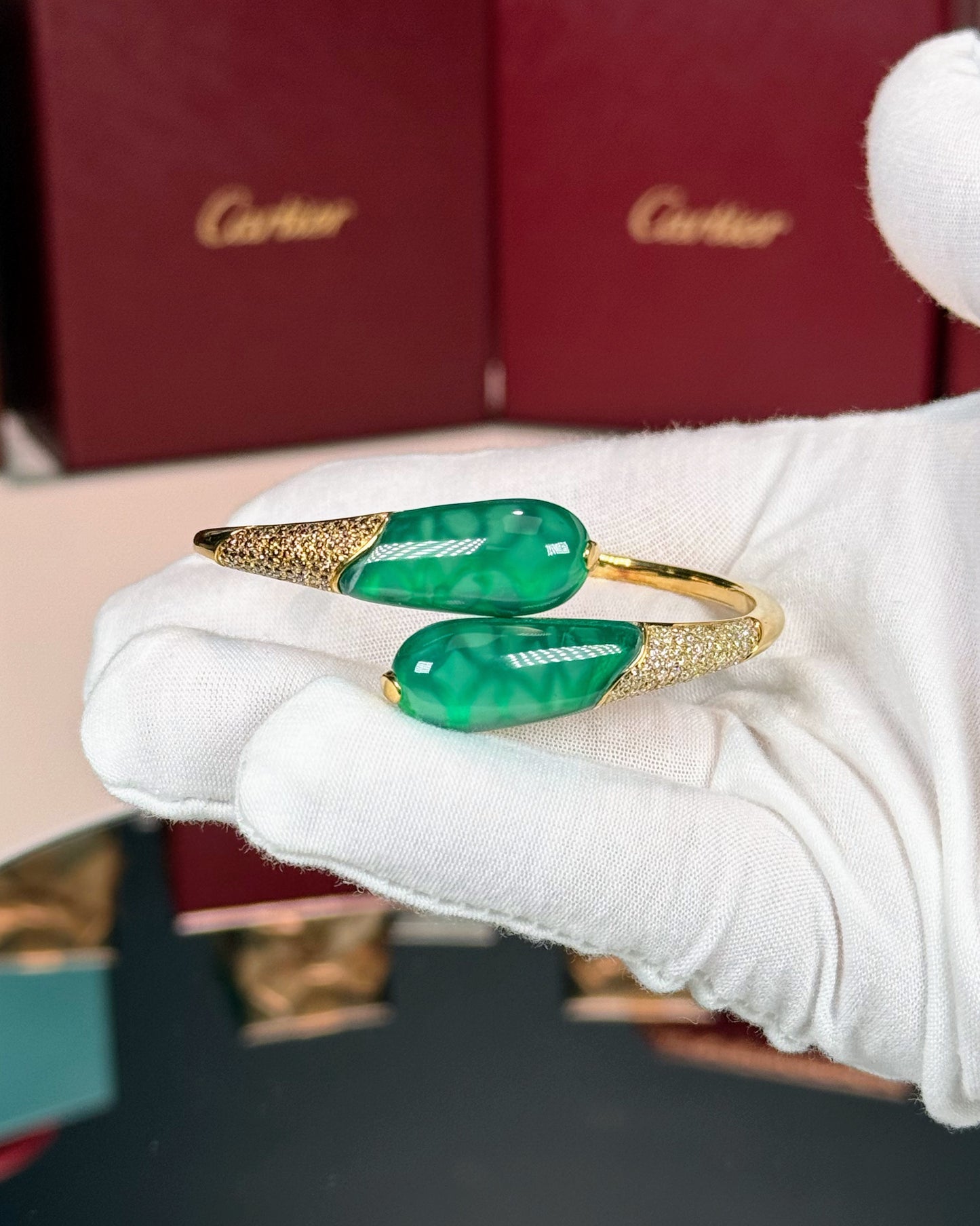 14k Yellow Gold Green Open Bypass Bangle