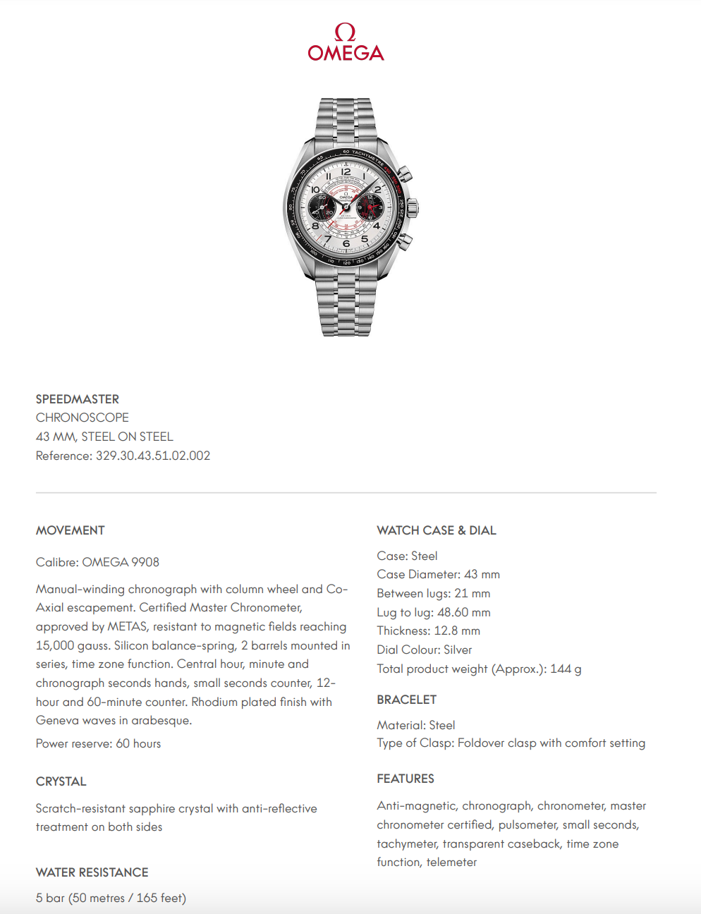 Omega Speedmaster Chronoscope White Dial - 32930435102002