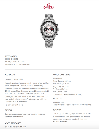 Omega Speedmaster Chronoscope White Dial - 32930435102002