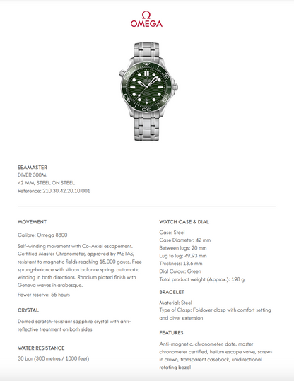 Omega Seamaster Diver 300M Green Dial - 21030422010001