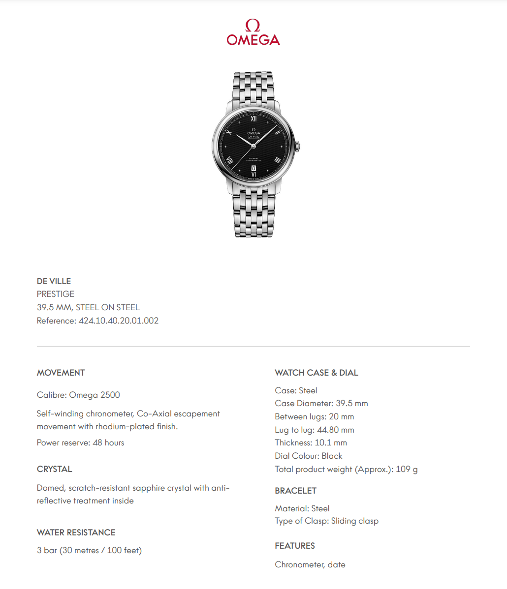 Omega De Ville Prestige Black Dial - 42410402001002