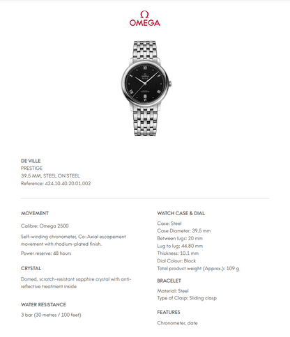 Omega De Ville Prestige Black Dial - 42410402001002
