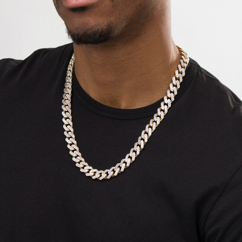 14k Gold Two Tone 13.5 mm Hollow Diamond Cut Curb Chain Necklace