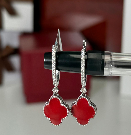 Van Cleef Style Enamel 14k White Gold Earrings
