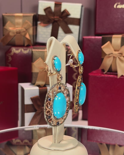 Turquoise and Sapphire 14k Rose Gold Filigree Earrings