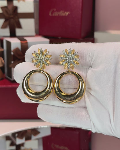 Flower and Donut 18k Yellow Gold Diamond Earrings