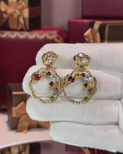 14k Yellow Gold Assorted Colorstones Circle Flower Earrings