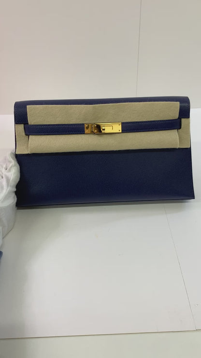 HERMES Kelly Cut 18cm, Dark Blue, Mysore Goatskin Leather, Gold Hardware