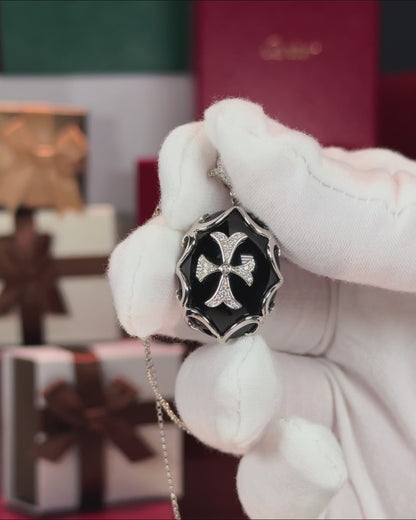Onyx Templar Cross Pendant 14k White Gold Necklace