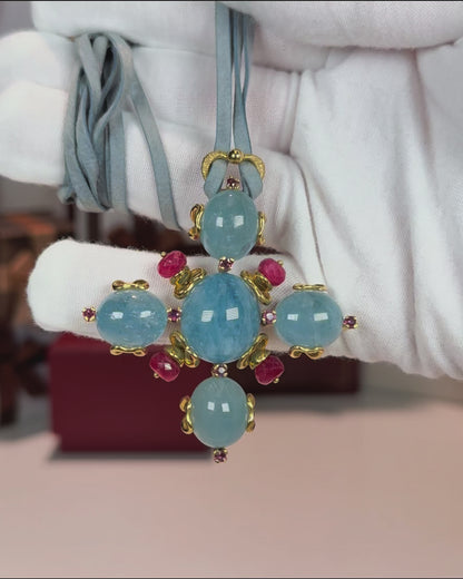 Aquamarine and Ruby 18k Yellow Gold Pendant