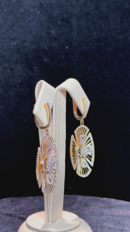 Oval Geometric Design Floral Diamond 14k Yellow Gold Earrings