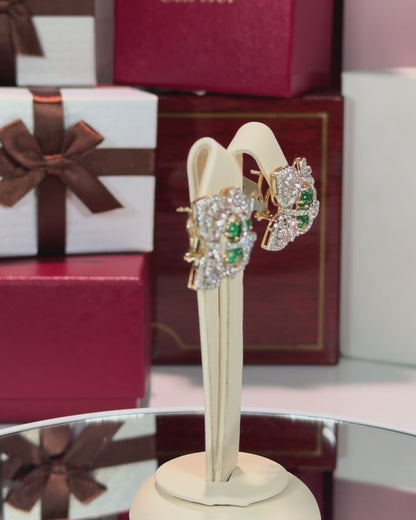 Diamond and Emerald Flower 14k Yellow Gold Earrings