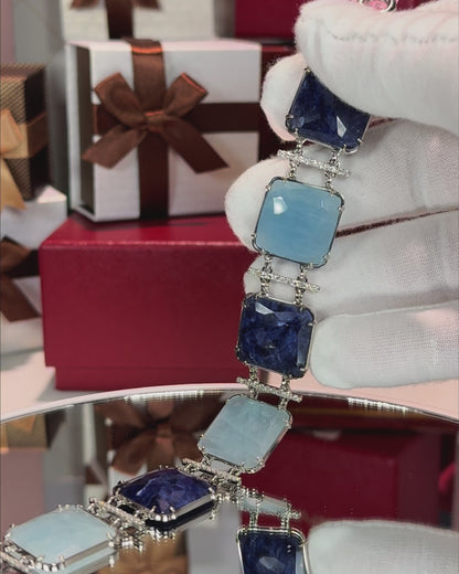 Sapphire and Aquamarine Stretch 14k White Gold Bracelet