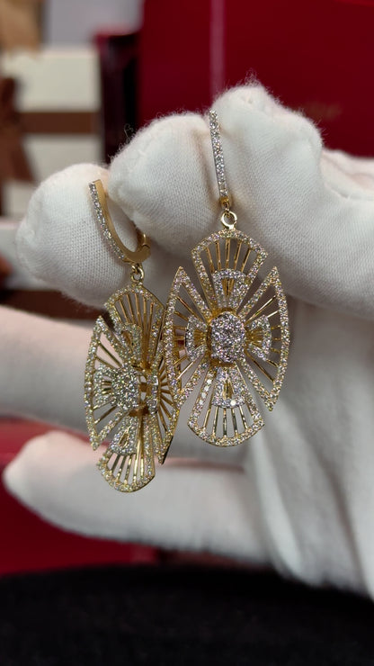 Oval Geometric Design Floral Diamond 14k Yellow Gold Earrings