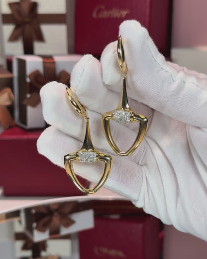 Shovel Design 14k Yellow Gold Diamond Earrings