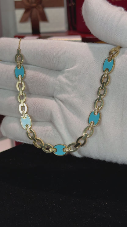 Blue Enamel Link Design 14k Yellow Gold Necklace