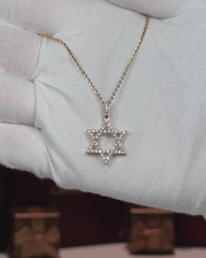 14k Yellow Gold Star of David Diamond Pendant Necklace