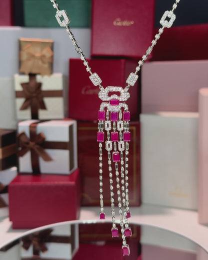 14k White Gold Ruby and Diamond Lavalier Necklace