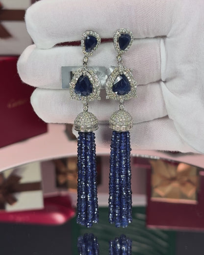 14k White Gold Sapphire Tassel Earrings