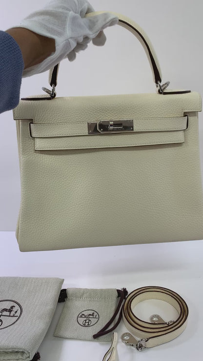 HERMES Kelly 28cm, White, Togo Leather, Paladium Hardware