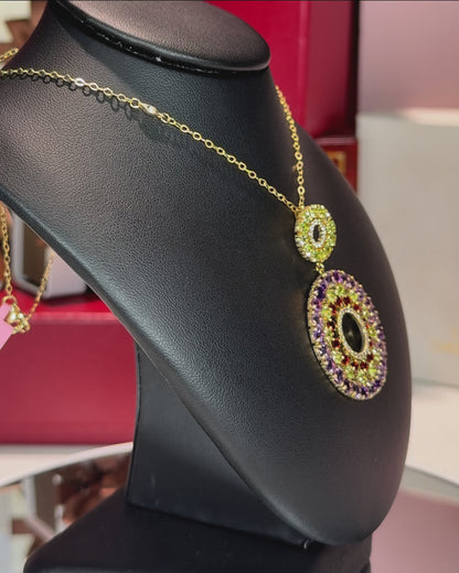14k Yellow Gold Colorful Gemstones Pendant Necklace
