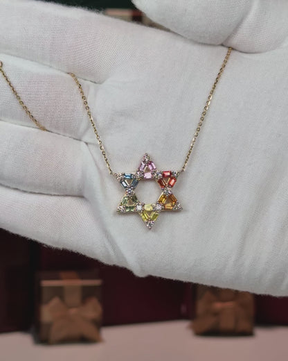 14k Yellow Gold Rainbow Star of David Pendant Necklace