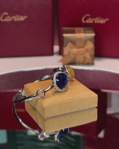 14k White Gold Sapphire Halo Open Cuff Bangle