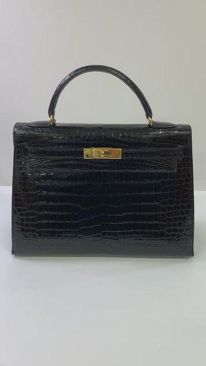 HERMES Kelly 32cm, Black, Porosas Leather, Gold Hardware