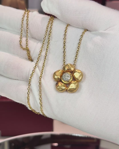 14k Yellow Gold Flower Pendant Opera Necklace