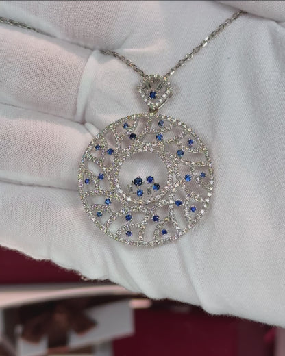 White Gold Sapphire and Diamond Pendant 14k White Gold Necklace