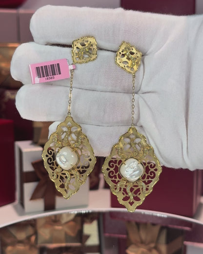 14k Yellow Gold Filigree MoP Drop Earrings