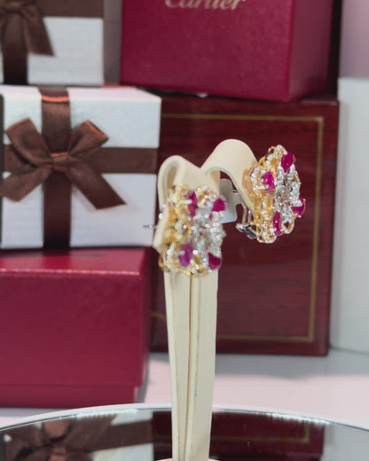 Diamond and Ruby Flower 14k Yellow Gold Earrings