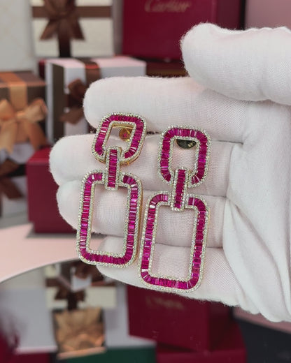 14k Yellow Gold Invisible Setting Ruby and Diamond Earrings