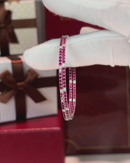 Color Stone and Diamond Hoop 14k White Gold Earrings (Red)