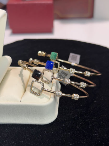 Color Stone Halo Diamond 14k Yellow Gold Bangle