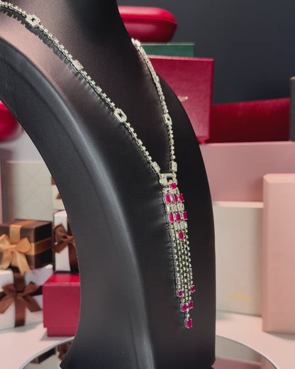 14k White Gold Ruby and Diamond Lavalier Necklace