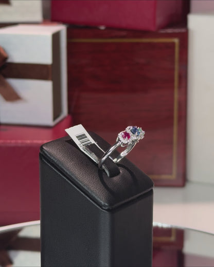 14k White Gold Three Colorstone Halo Diamond Ring