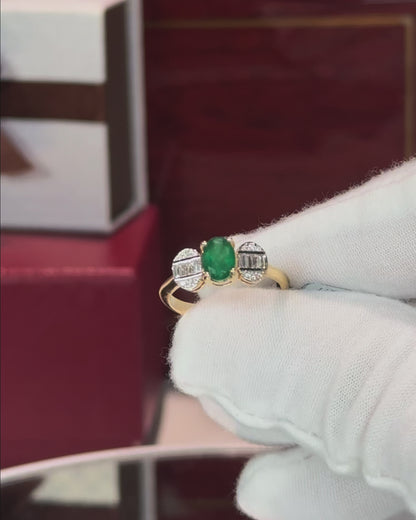 14k Yellow Gold Bowtie Design Emerald and Diamond Ring