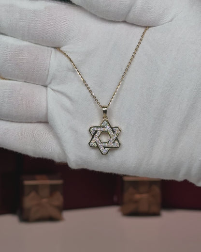 14k Yellow Gold Star of David Diamond Pendant Necklace