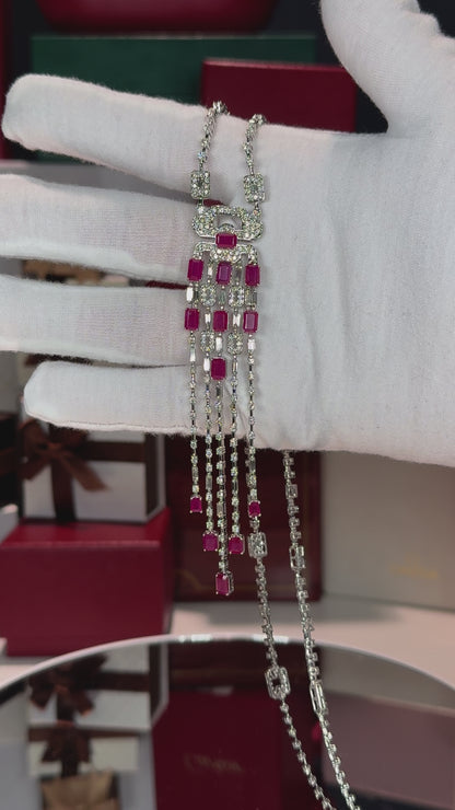 14k White Gold Ruby and Diamond Lavalier Necklace